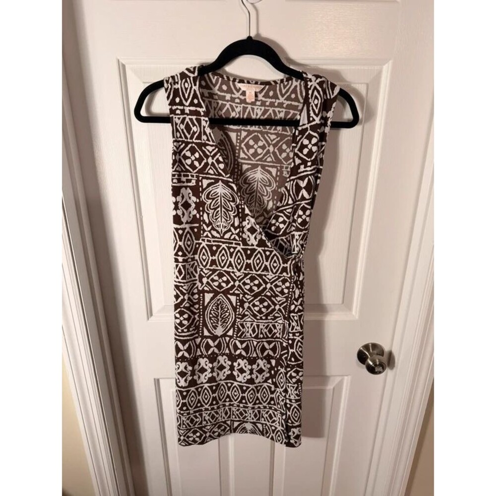 Tori Richard Honolulu Women's Medium Brown White Tapa Print Faux Wrap Dress